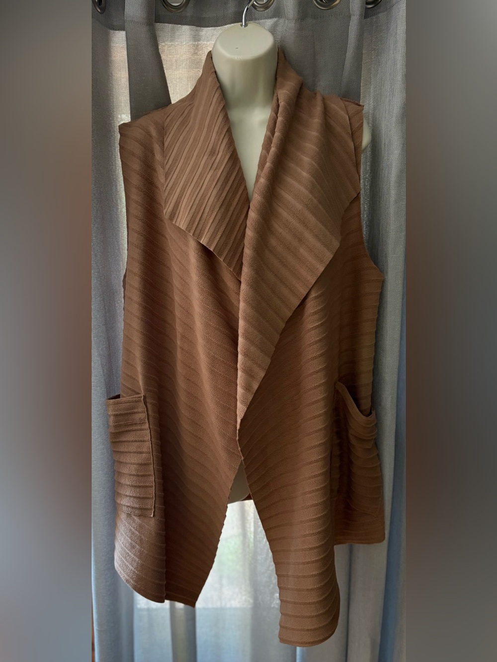 Le Moda Boho Pleated Open Front Cardigan Vest Camel Minimalist S-L
